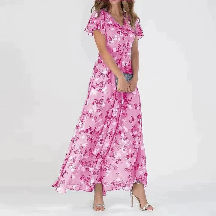 Floral Print V-Neck Button Front Flutter Sleeve Maxi Dress - View 3