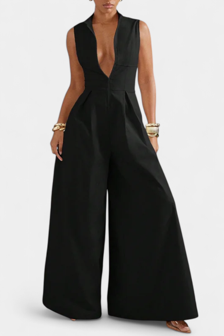 Deep V-Neck Sleeveless Pleated Wide Leg Jumpsuit