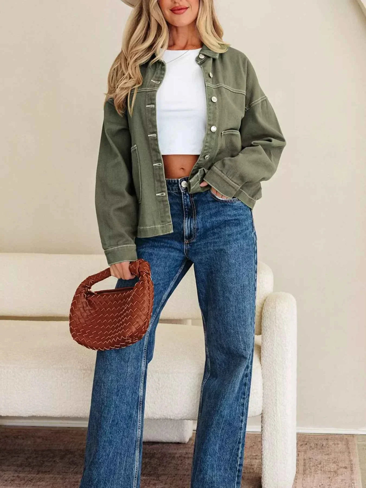 Patched Pocket Collared Button Front Boyfriend Denim