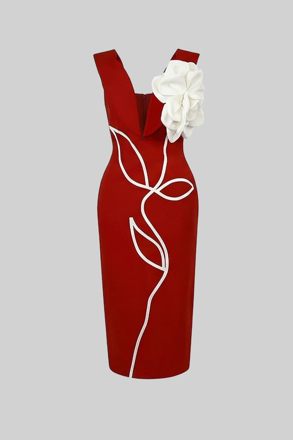 Structured Midi Dress with Sculpted Floral Accent – Red - View 2