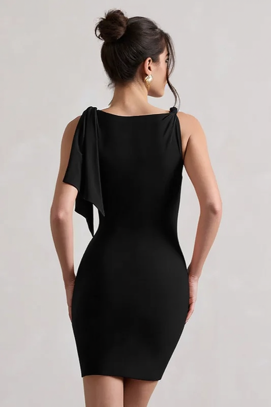 Boat Neck Twist Shoulder Bodycon Mini Party Dress - View 8