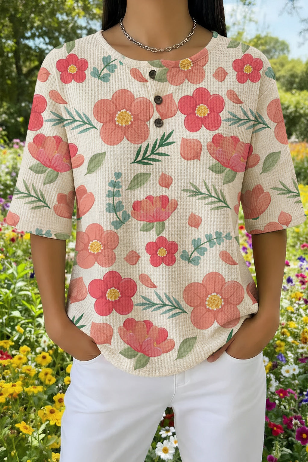 Ditsy Floral Button Henley Waffle Knit Top