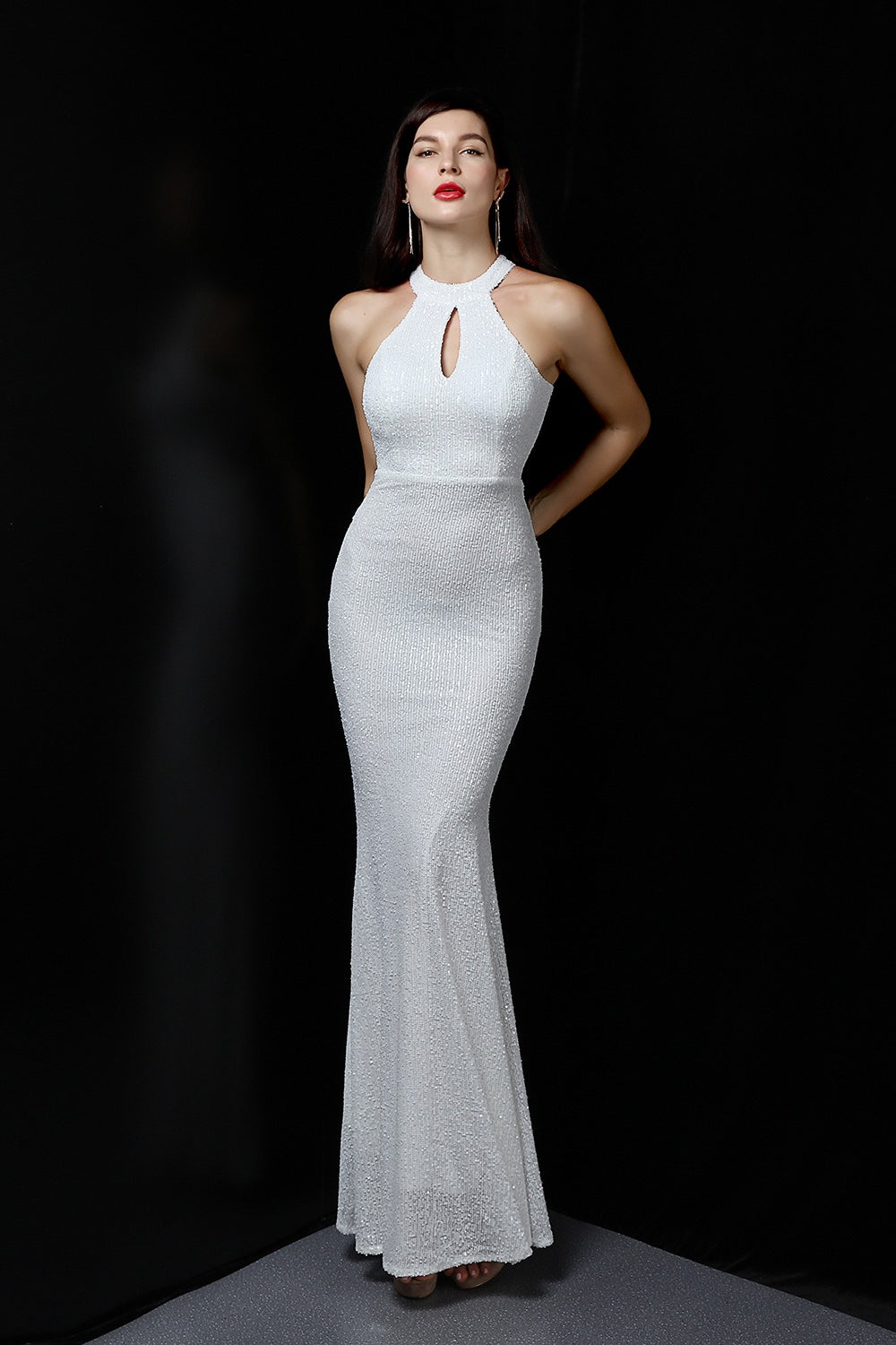 Sequin Halter Neck Keyhole Mermaid Gown - View 4