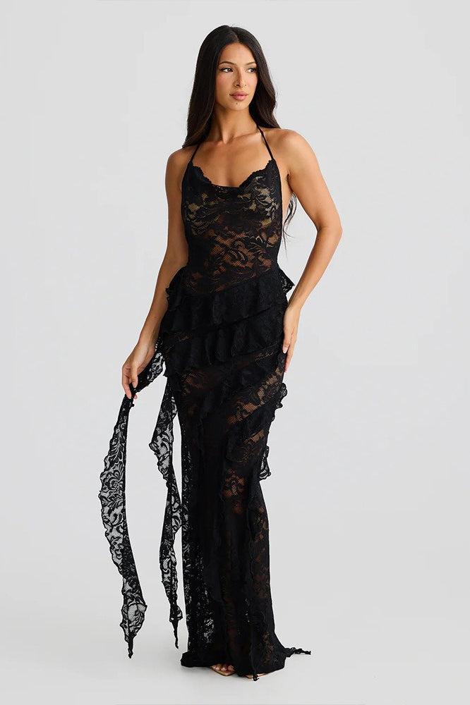 Backless Halter Deep V-Neck Lace Bodycon Maxi Dress