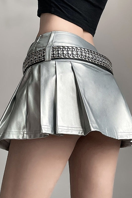 High-Waist Bodycon Pleated Denim Mini Skort