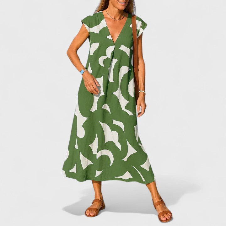 Geometric Print V-Neck Cap Sleeve A-Line Maxi Dress 6