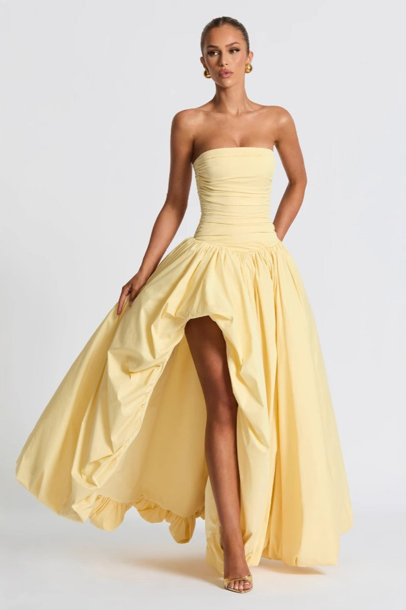 Strapless Ruched Drop Waist Bubble Hem Maxi Dress
