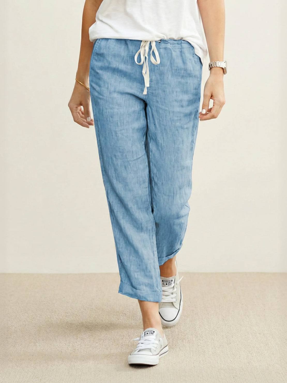 High Waist Drawstring Tapered Linen Pants 22
