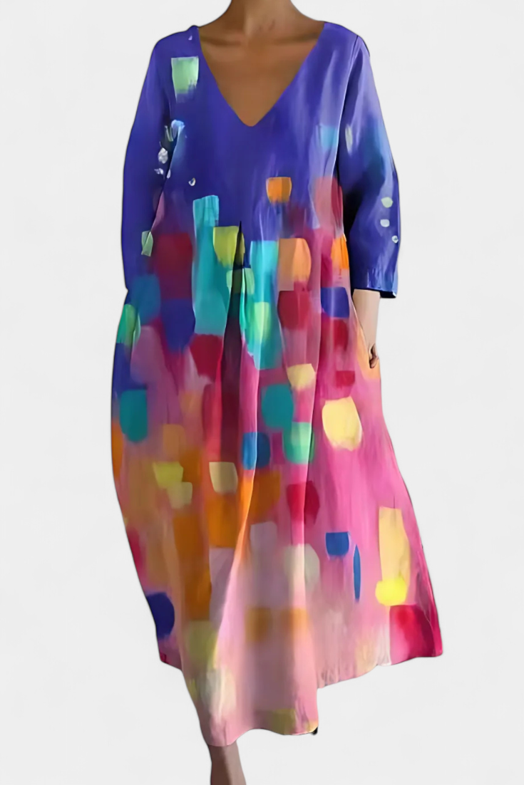 Abstract Print V-Neck Three Quarter Sleeve Oversized Maxi Dress 6