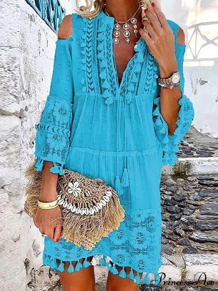 Deep V-Neck Tassel Trim Lace Insert Bell Sleeve Tiered Dress - View 17