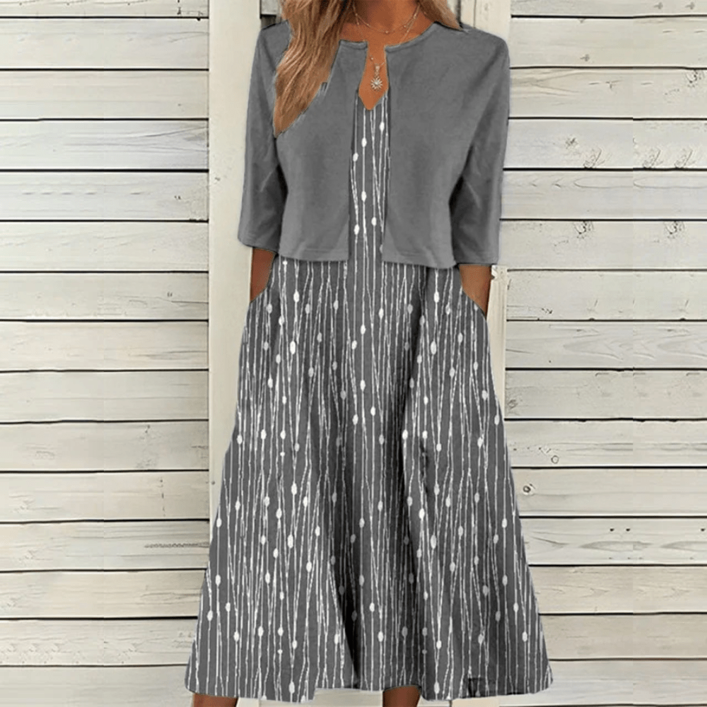 V-Neck A-Line Midi Dress Cropped Cardigan Two Piece Set - View 3