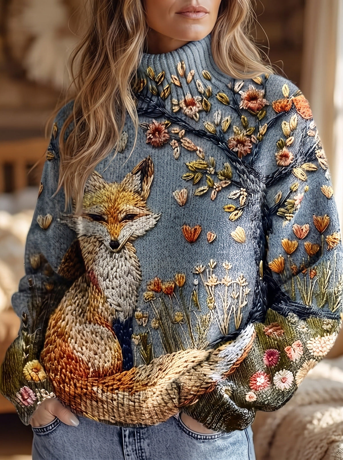 Floral Fox Print Turtleneck Long Sleeve Sweater