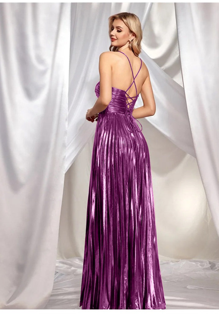 Pleated Cut Out High Split A-Line Maxi Gown - View 4
