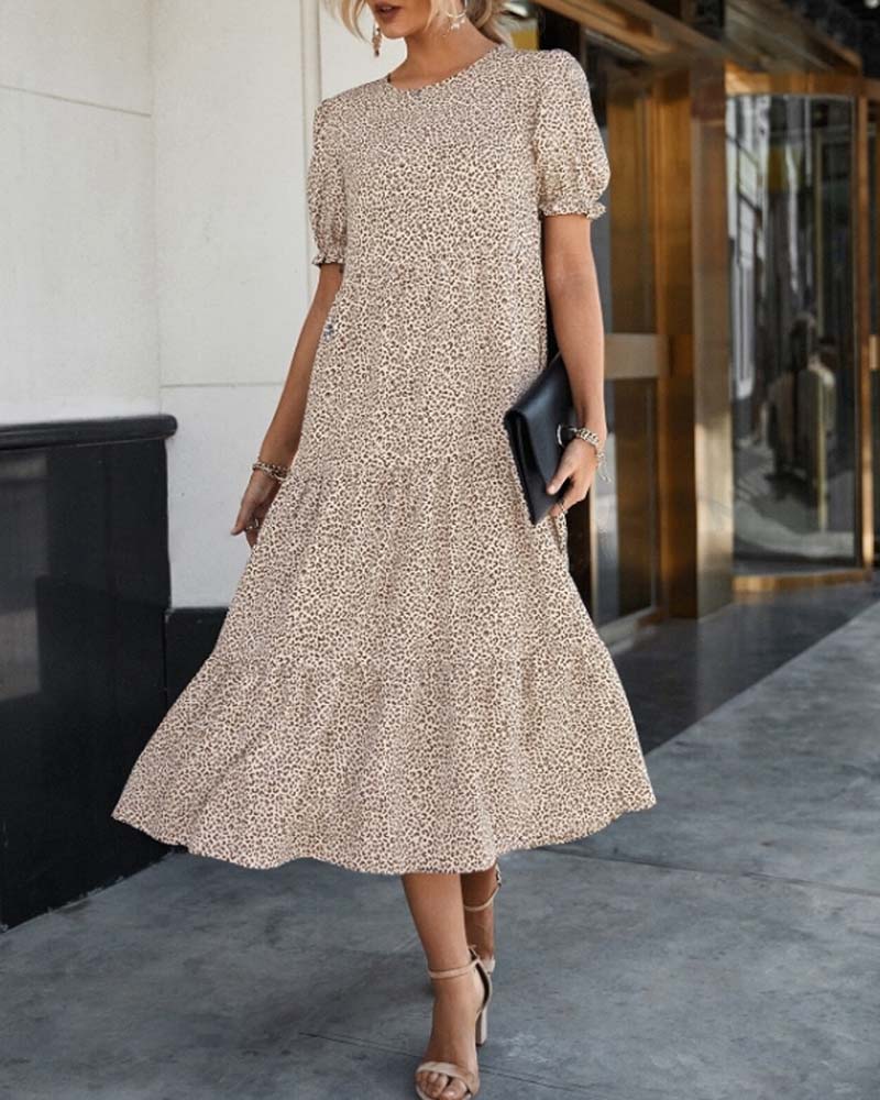 Leopard Print Crew Neck Puff Sleeve Tiered Smock Midi Dress