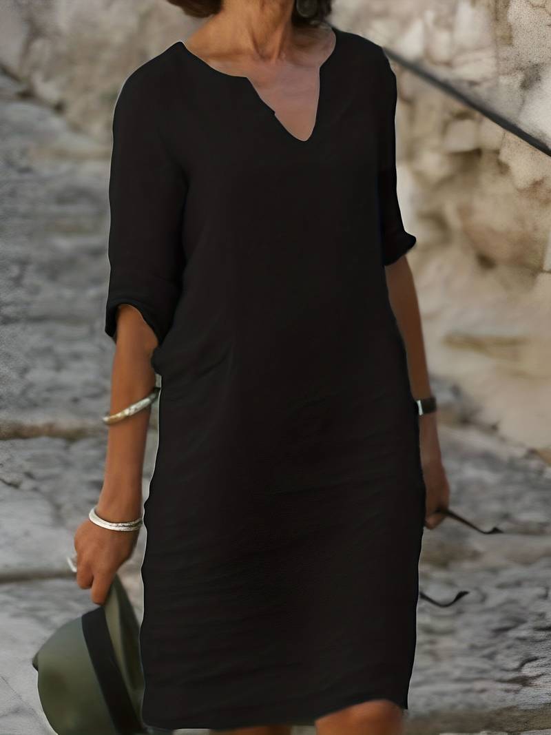 Notched V-Neck Short Sleeve Linen Look Shift Mini Dress - View 5