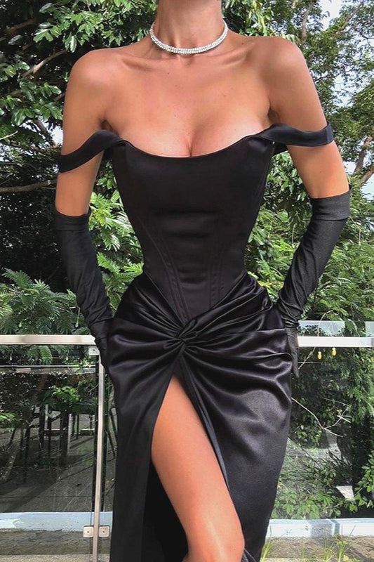 Satin Off Shoulder Corset Twist Front High Split Maxi Dress - View 6
