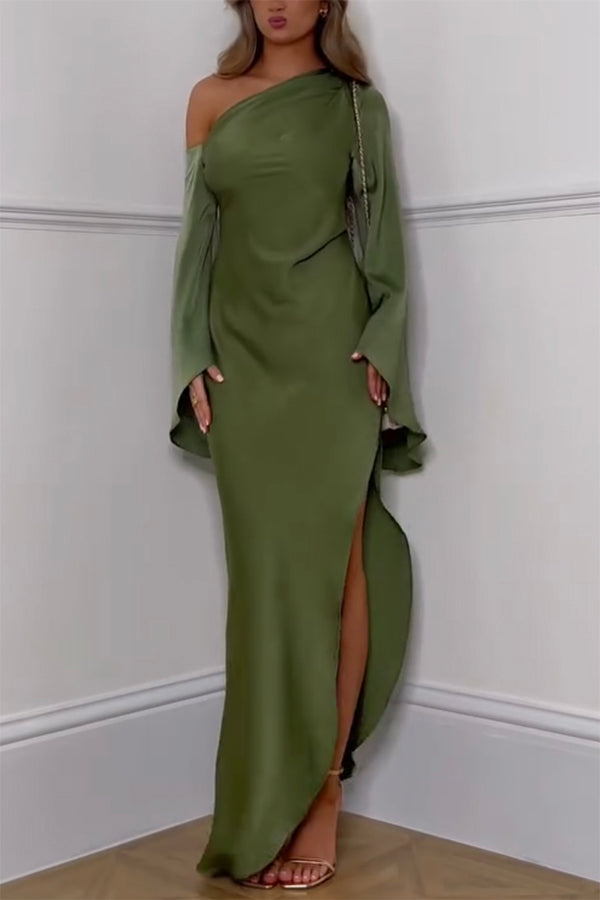 Zayla Satin Asymmetrical One Shoulder Bell Sleeve Slit Maxi Dress - View 3