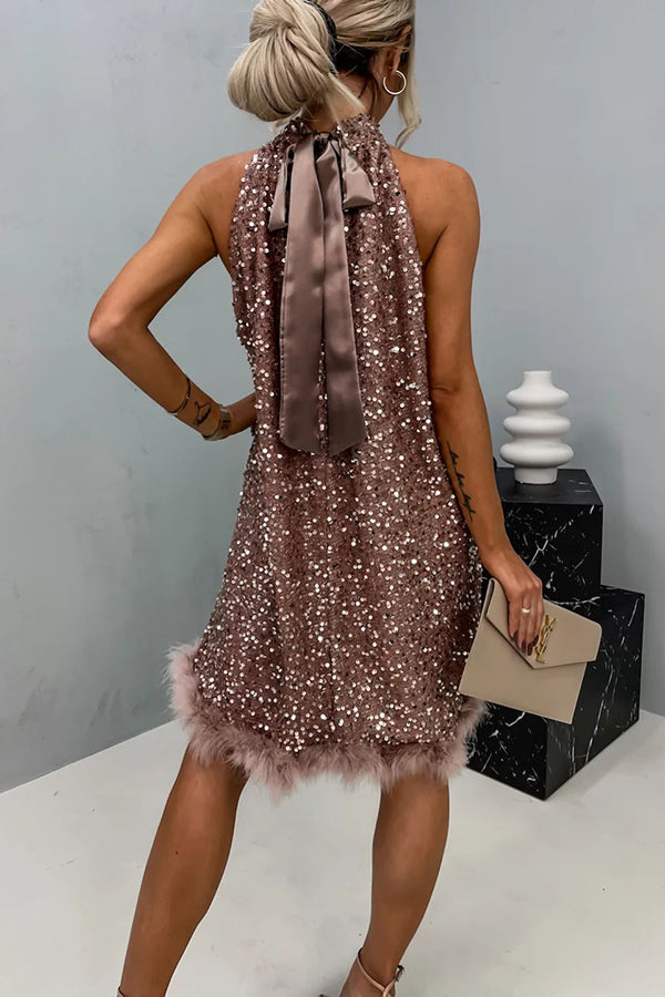 Sequin Halter Neck Feather Trim Babydoll Mini Dress - View 3
