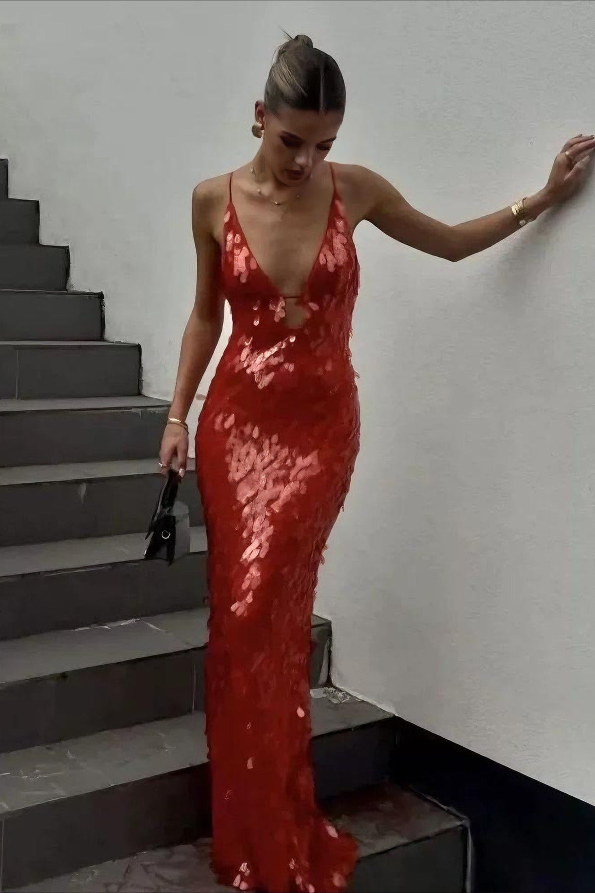 Sequin Spaghetti Strap Deep V-Neck Bodycon Maxi Cocktail Gown - View 2