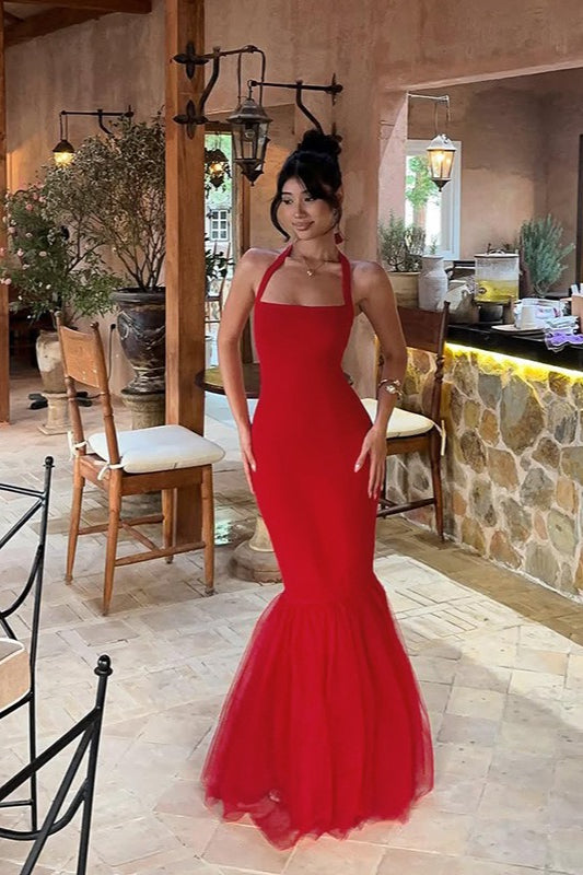 Halter Neck Mermaid Tulle Hem Formal Gown - View 3