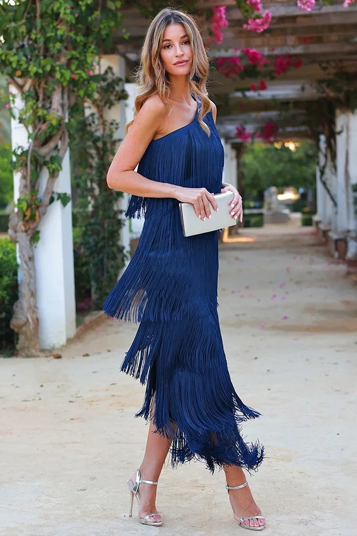 One Shoulder All Over Tiered Fringe Bodycon Midi Dress - View 2