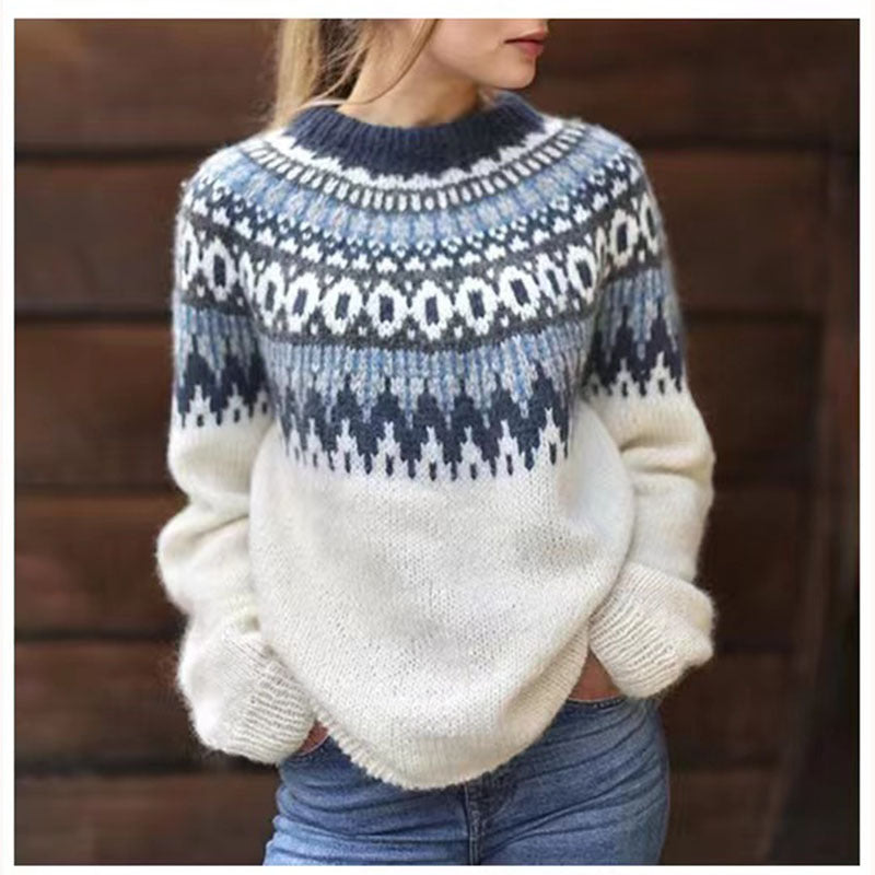 Crew Neck Fair Isle Long Sleeve Knit Sweater