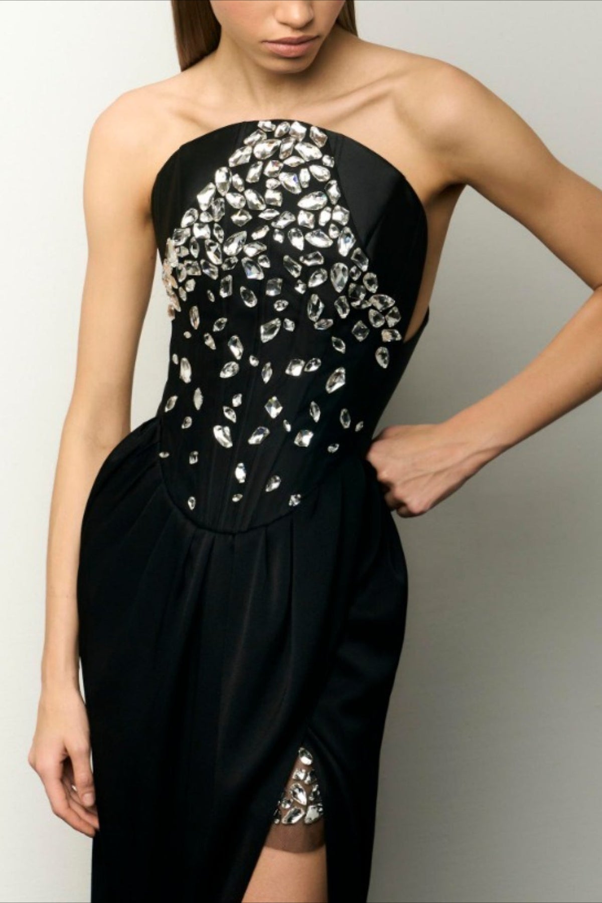 Crystal Embellished Strapless Corset High Split Mini Dress - View 6