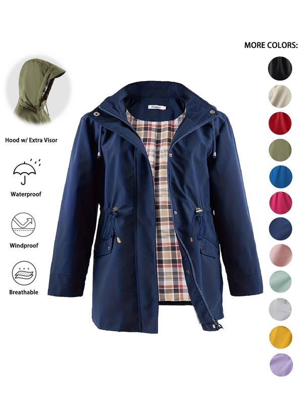 Hooded Zip Front Drawstring Waist Rain Jacket 9