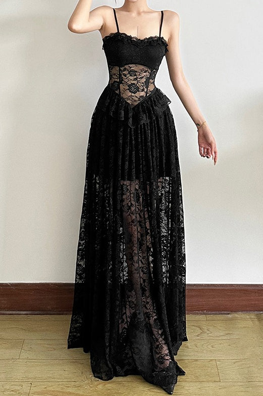 Sleeveless Ruffled Waist Maxi Lace Dress - View 3