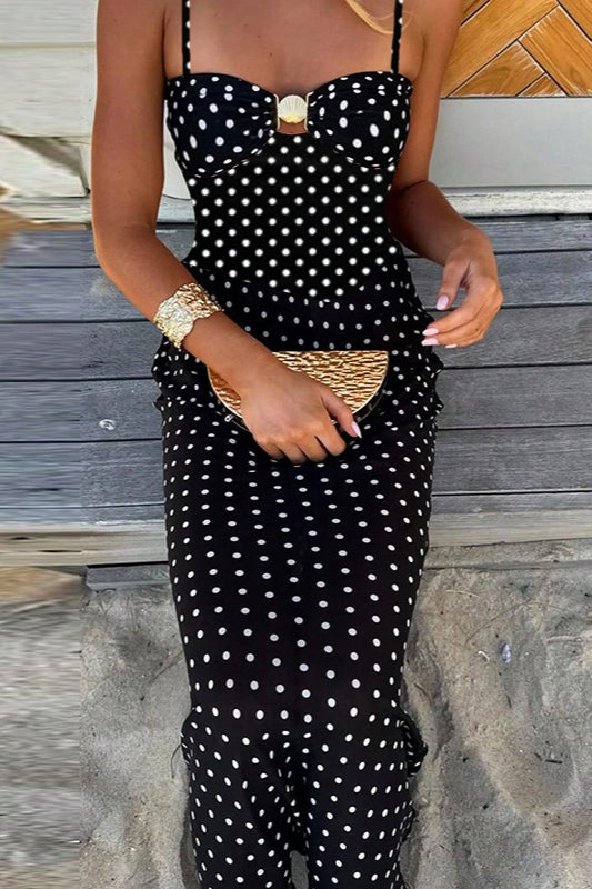 Polka Dot Lace Cami Backless Maxi Dress in Black - View 2