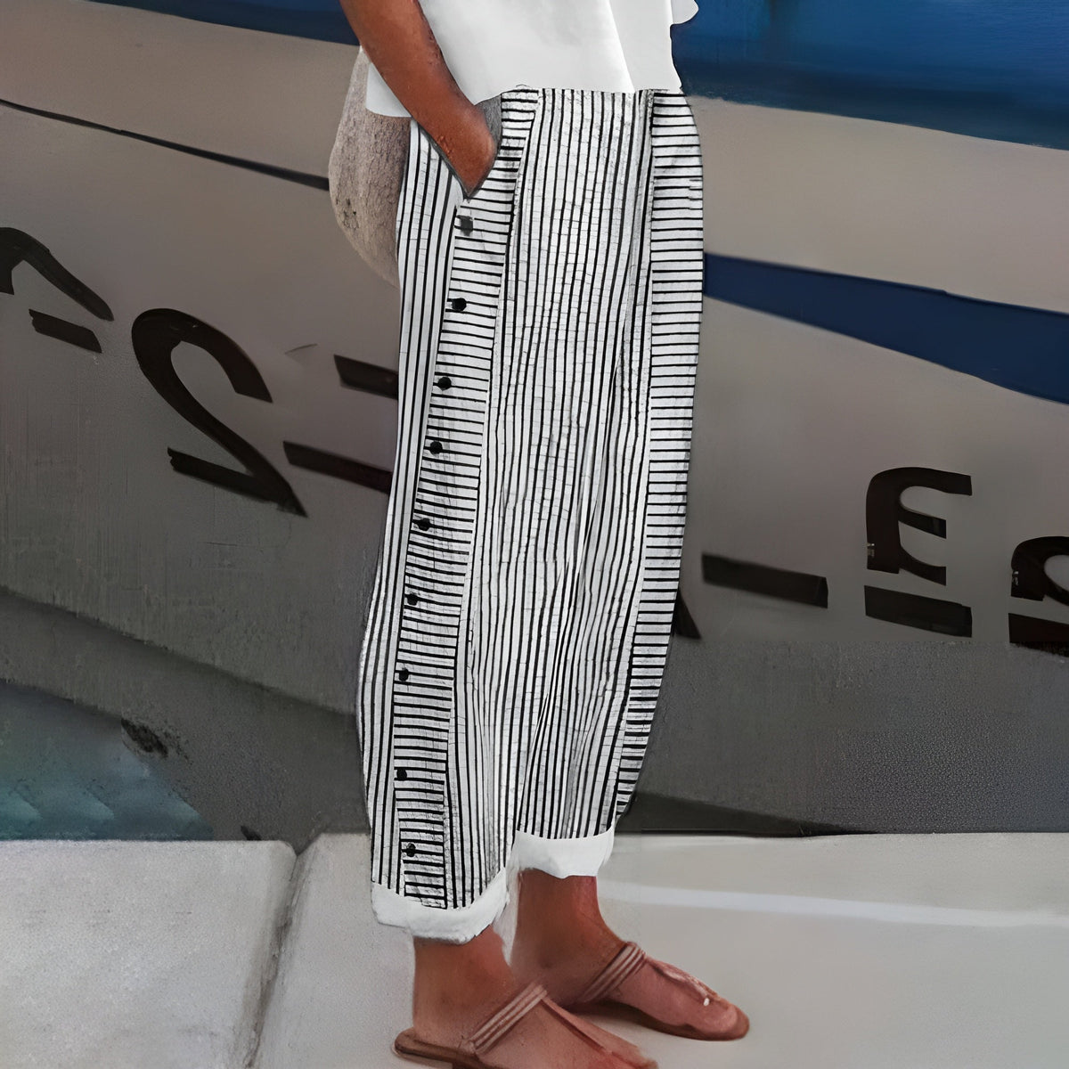 Striped Side Button Tapered Trousers 12