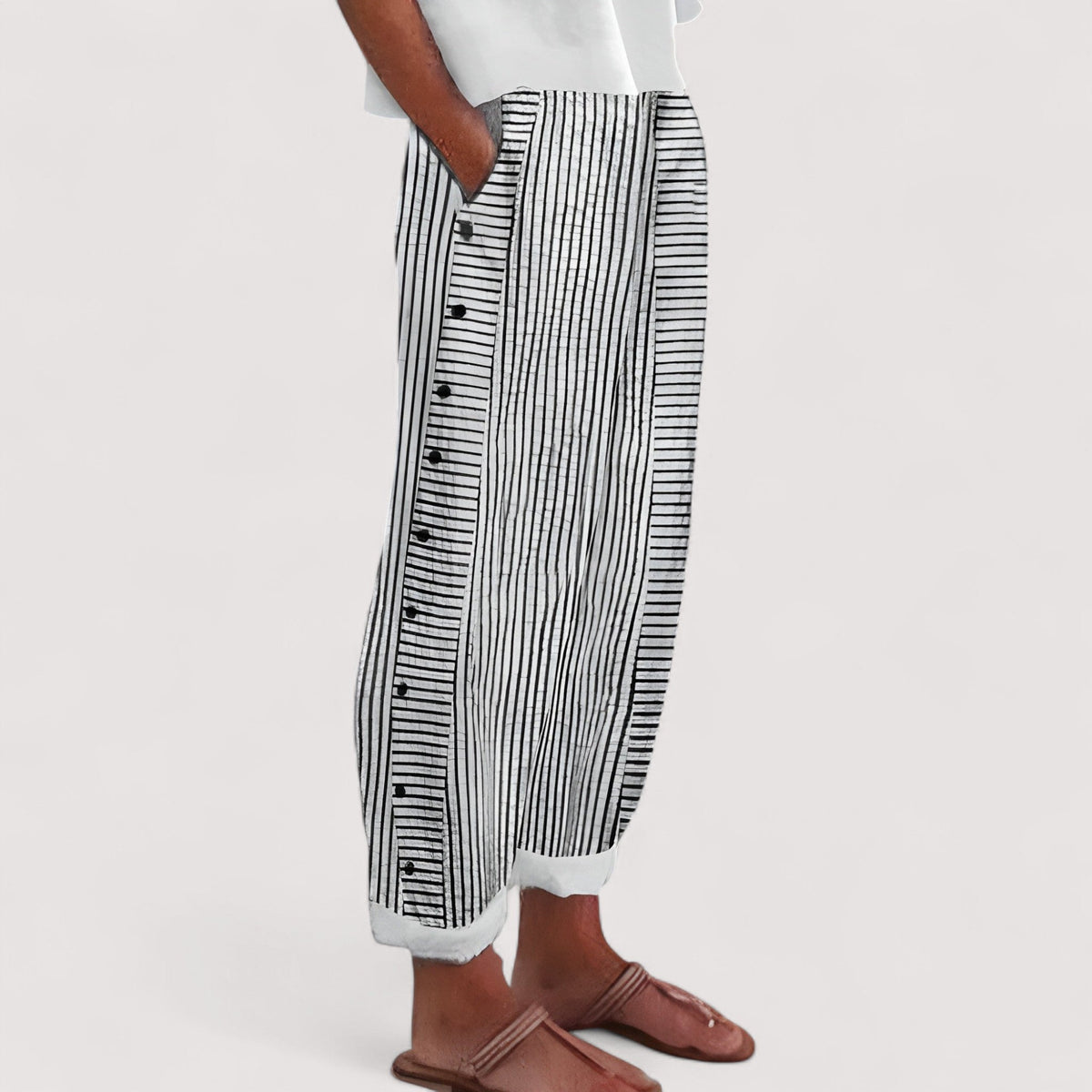 Striped Button Side Elastic Waist Tapered Pants 2
