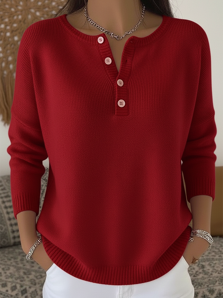 Button Placket Crew Neck Long Sleeve Knit Sweater 3