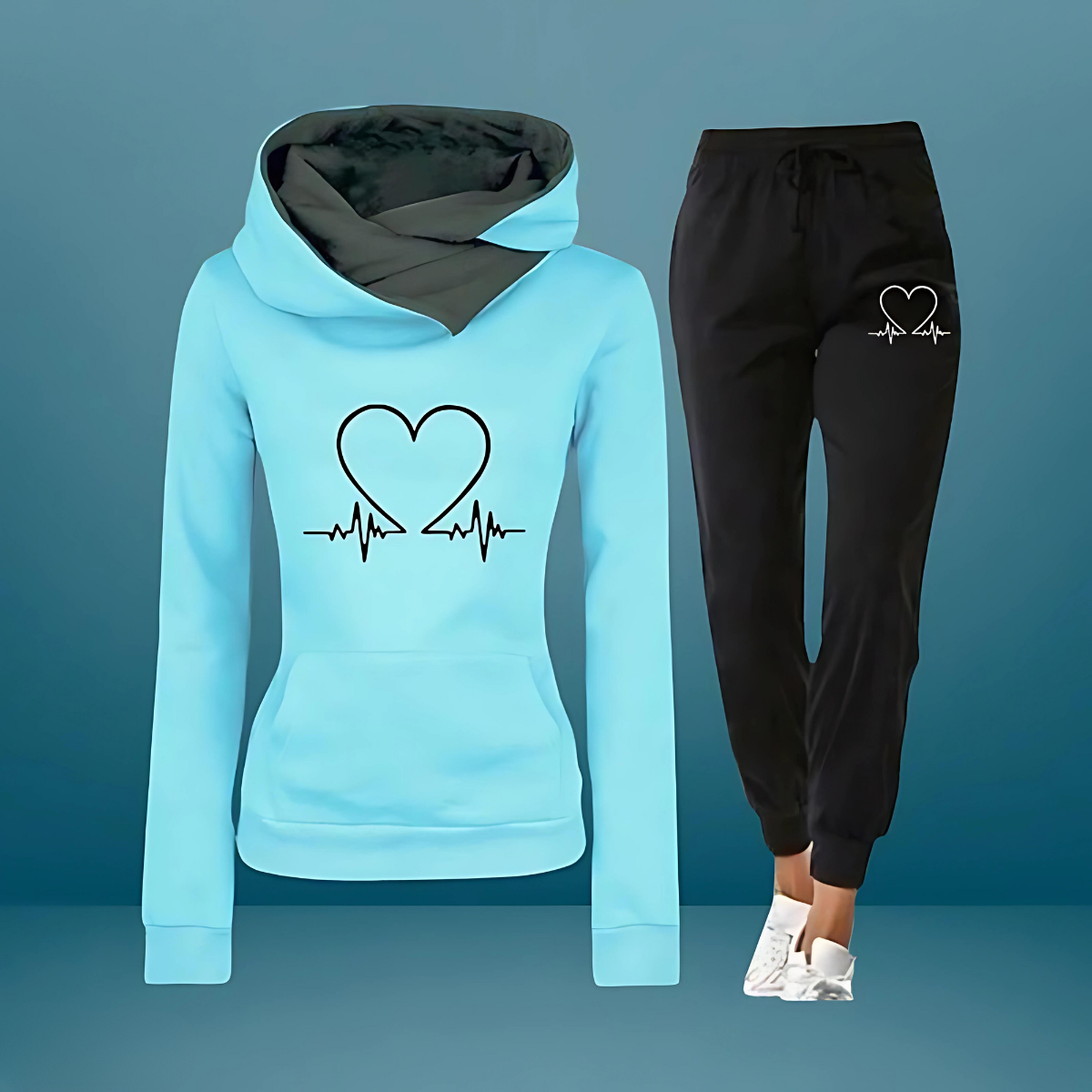 Heartbeat Print Hooded Sweatshirt and Joggers Two Piece Set