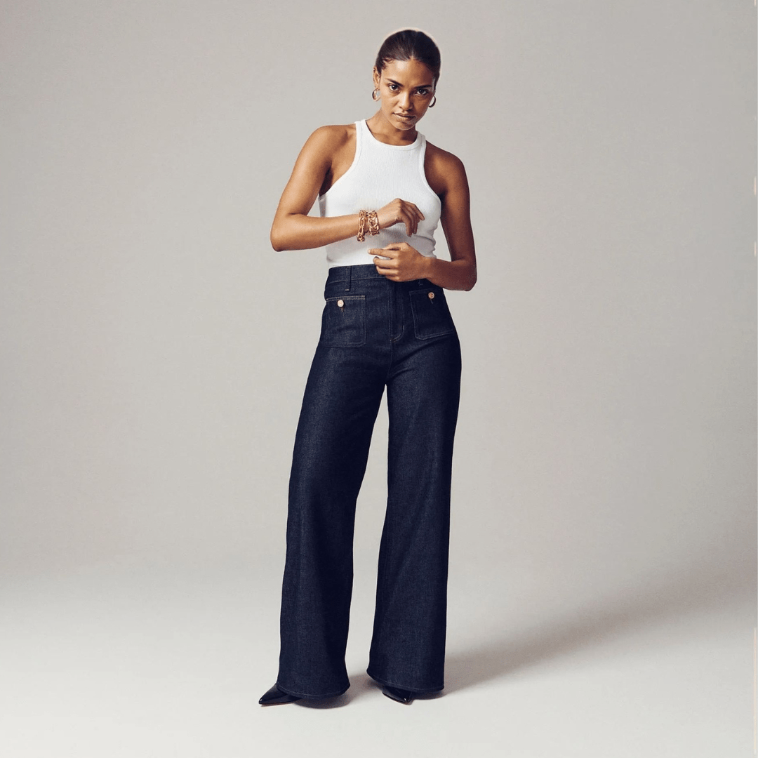 High Waist Patch Pocket Wide Leg Jeans 7