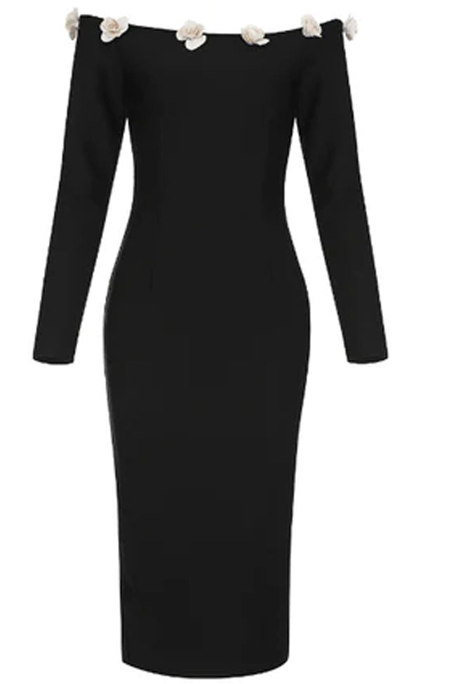 Off Shoulder Long Sleeve Floral Applique Bodycon Midi Dress - View 3