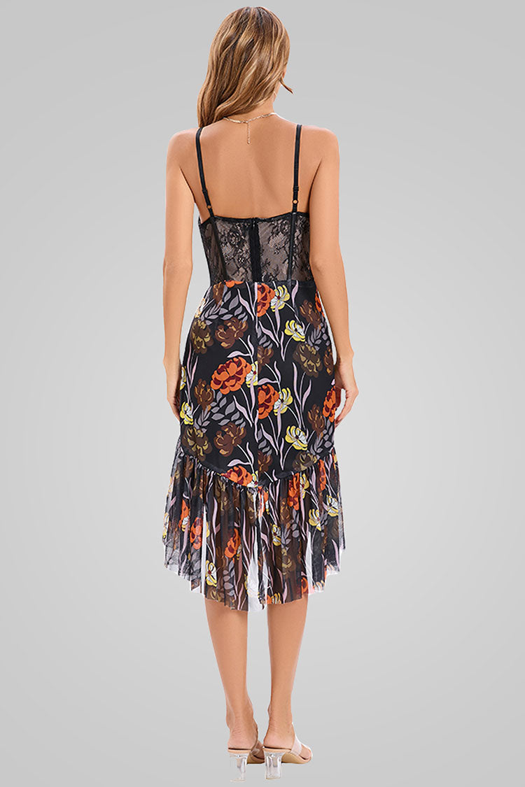 Floral Lace Corset Spaghetti Strap High Low Ruffle Cocktail Dress - View 2