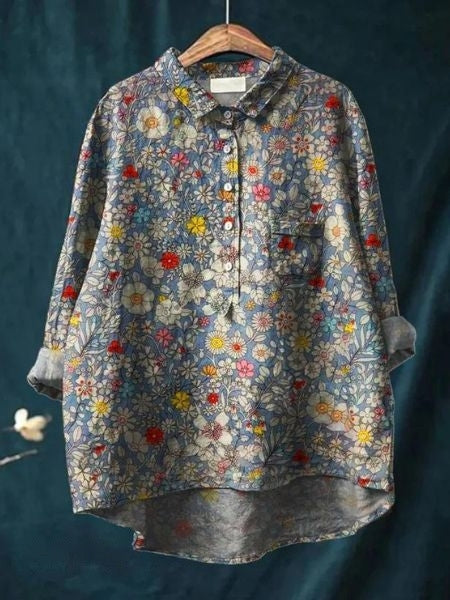 Watercolor Floral Print Long Sleeve Button Blouse 7