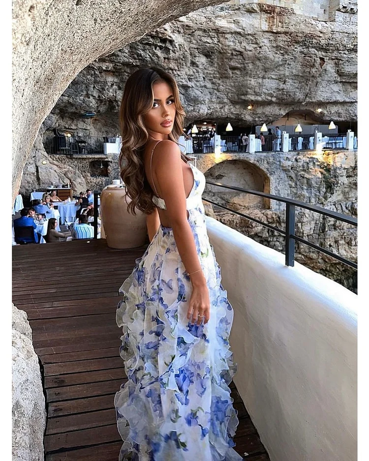 Floral Deep V-Neck Spaghetti Strap Corset Bodice Maxi Dress - View 2