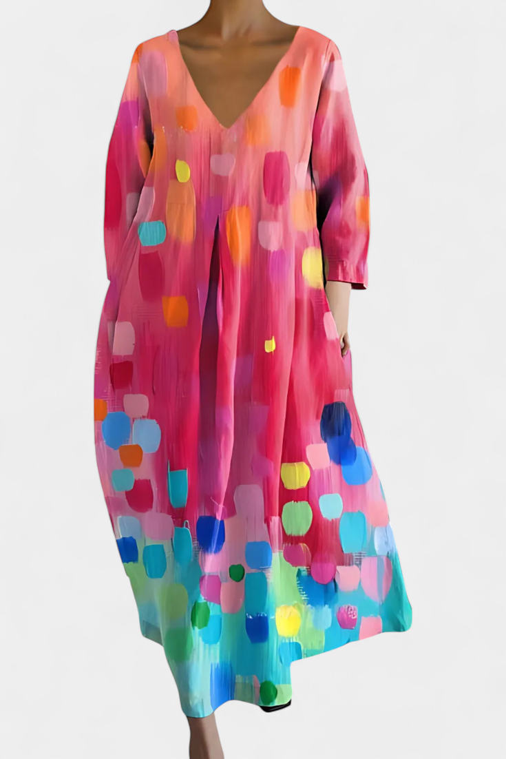 Abstract Print V-Neck Three Quarter Sleeve Oversized Maxi Dress 4