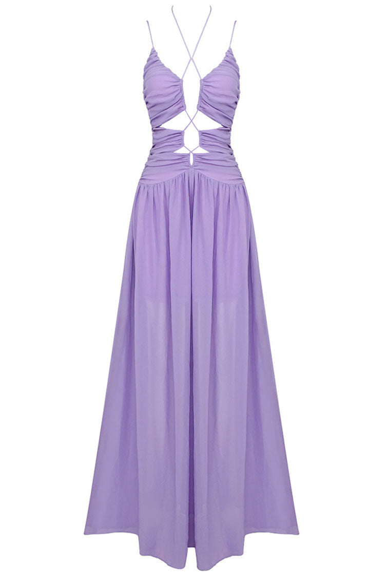 Flowy Deep V Cutout Ruched Sleeveless Evening Maxi Dress - Purple - View 5