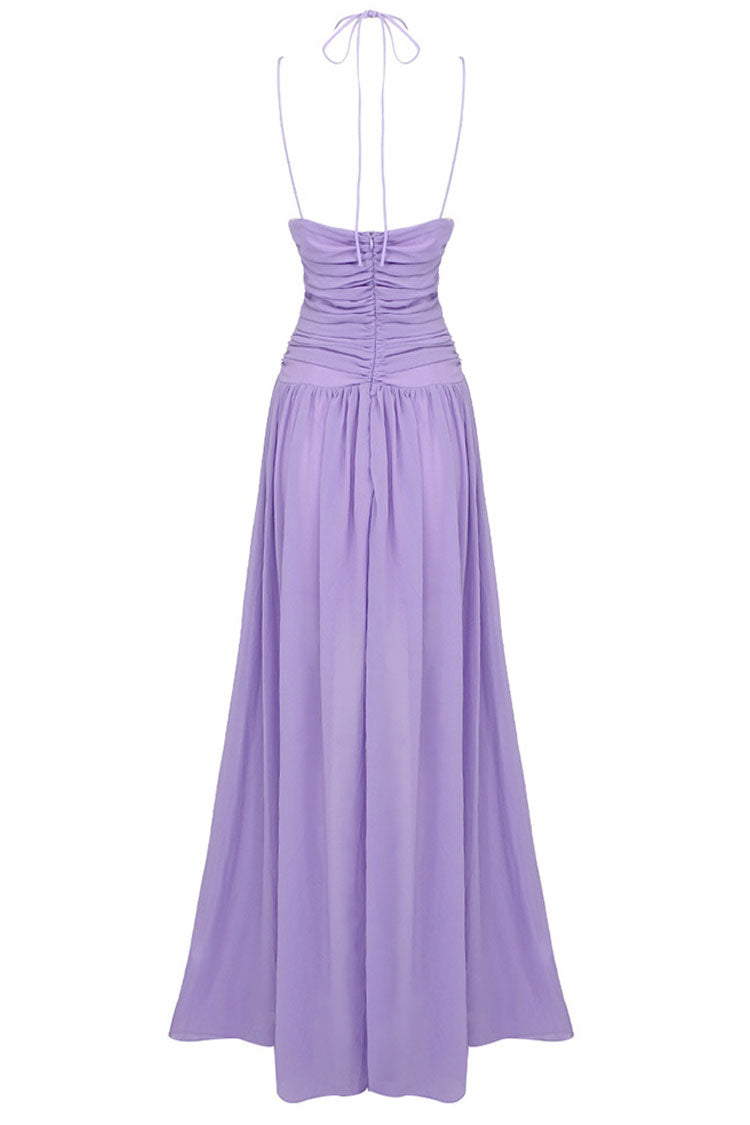 Flowy Deep V Cutout Ruched Sleeveless Evening Maxi Dress - Purple - View 6