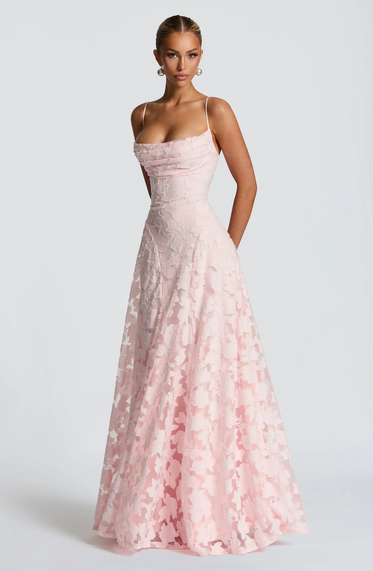 Floral Jacquard Spaghetti Strap High Split A-Line Maxi Gown 15