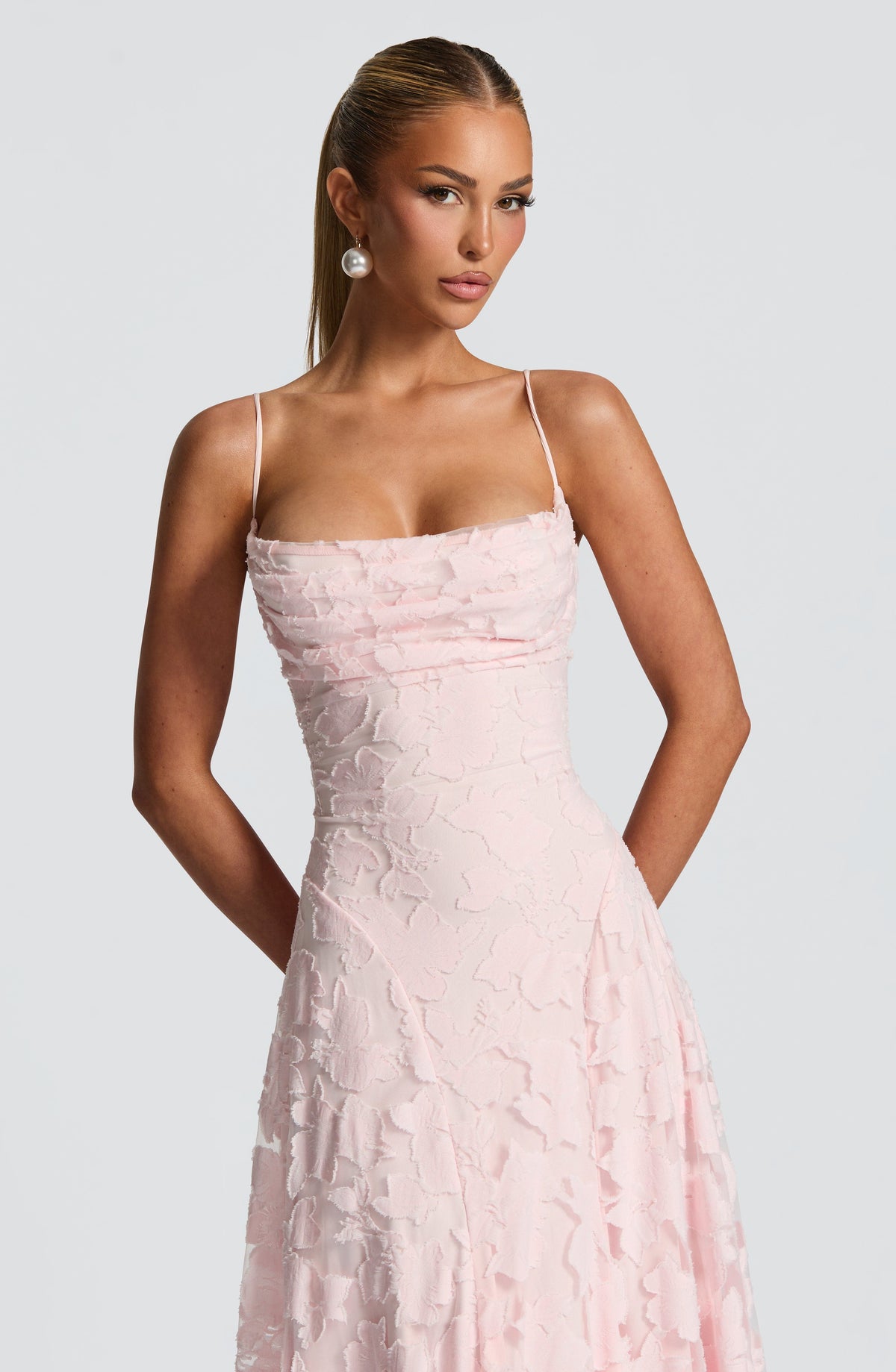 Floral Jacquard Spaghetti Strap High Split A-Line Maxi Gown 14