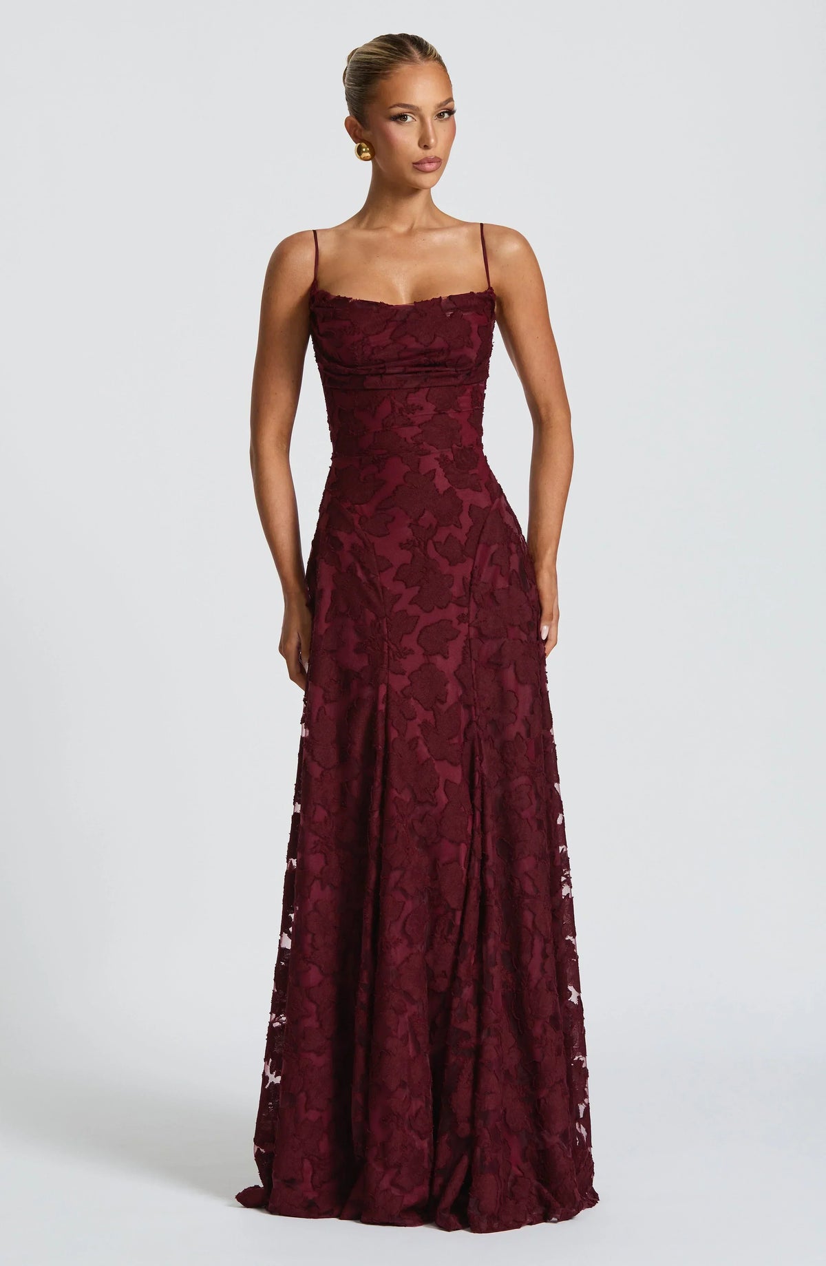 Floral Jacquard Spaghetti Strap High Split A-Line Maxi Gown