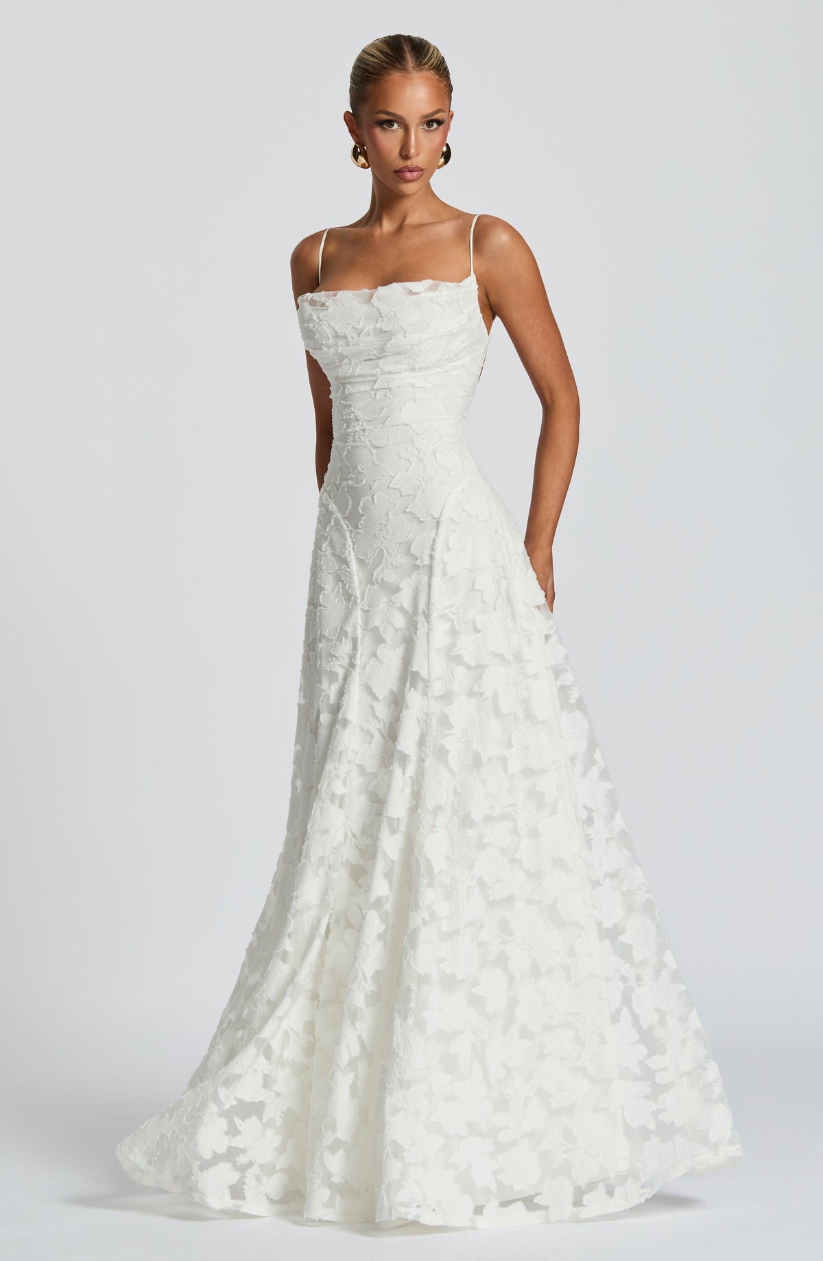 Floral Jacquard Spaghetti Strap High Split A-Line Maxi Gown 11