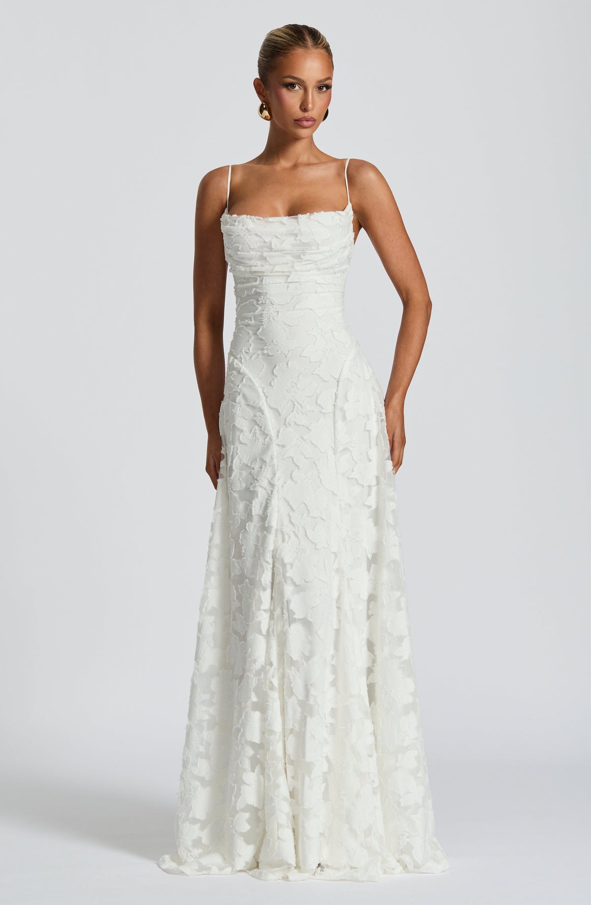 Floral Jacquard Spaghetti Strap High Split A-Line Maxi Gown 9