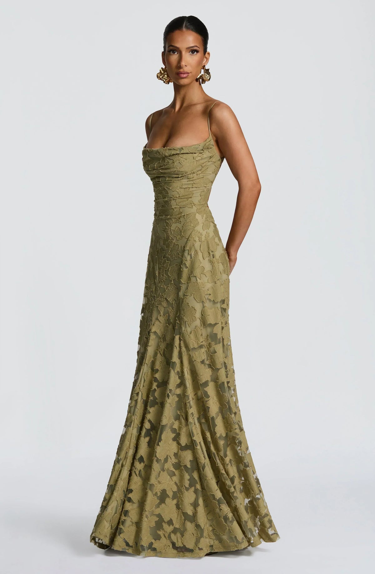 Floral Jacquard Spaghetti Strap High Split A-Line Maxi Gown 6