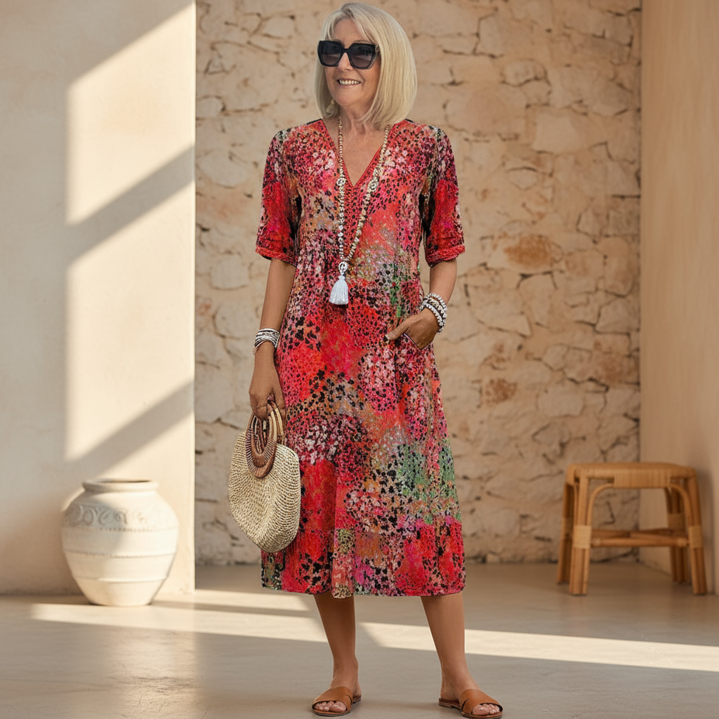 Abstract Print V-Neck Short Sleeve Tiered Midi Dress 2