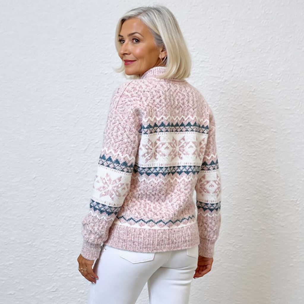 Fair Isle Snowflake Mock Neck Knit Sweater 11